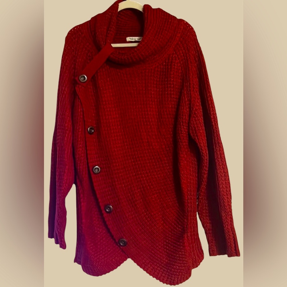 INDIGO SOUL Solid Crimson Red Button Detail Cowl Neck Tunic Sweater, Sz 2XL,GUC.
